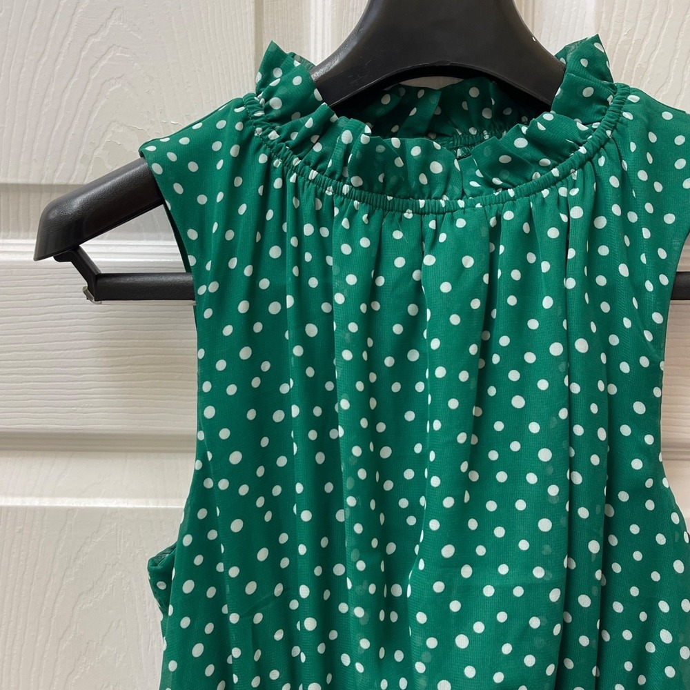 Kate and Lily Dress Women's Size 12 Green Polka Dot Sleeveless High Neck Ruffle
